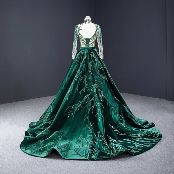 Haut de Gamme Vert Foncé Daim Robe De Soirée 2023 Trompette / Sirène Col Haut Fait main Perlage Paillettes En Dentelle Manches Longues Dos Nu Watteau Train Robe De Ceremonie