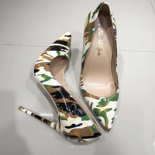 Unieke Multi-Kleuren camouflage Straatkleding Pumps 2020 Lakleer 12 cm Naaldhakken / Stiletto Spitse Neus Pumps