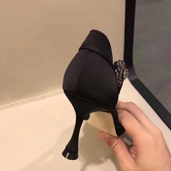 Chic / Beautiful Black Casual Womens Shoes 2020 Leather Satin Rhinestone Ankle Strap 7 cm Stiletto Heels Pointed Toe High Heels