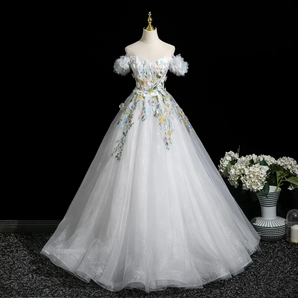 Fairytale Multi-Colors Lace Flower Appliques Pearl White Prom Dresses 2025 Ball Gown Off-The-Shoulder Short Sleeve Backless Floor-Length / Long Prom Formal Dresses