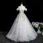 Fairytale Multi-Colors Lace Flower Appliques Pearl White Prom Dresses 2025 Ball Gown Off-The-Shoulder Short Sleeve Backless Floor-Length / Long Prom Formal Dresses