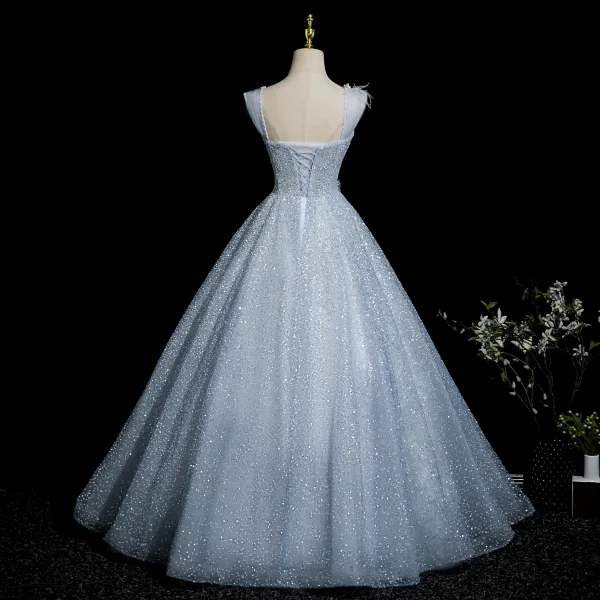 Charming Sky Blue Beading Sequins Appliques Prom Dresses 2025 Ball Gown Square Neckline Sleeveless Backless Floor-Length / Long Prom Formal Dresses