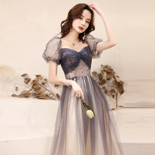 Elegant Navy Blue Glitter Prom Dresses 2021 A-Line / Princess Square Neckline Beading Crystal Short Sleeve Backless Floor-Length / Long Prom Formal Dresses