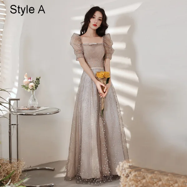 Elegant Grey Lace Star Bridesmaid Dresses 2021 A-Line / Princess Square Neckline Bow Short Sleeve Backless Floor-Length / Long Bridesmaid Wedding Party Dresses