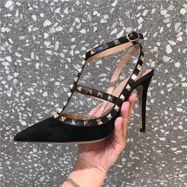 Schöne Schwarz Abend Niet Sandalen Damen 2020 8 cm Stilettos Spitzschuh Sandaletten