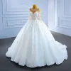 High-end Elegant White Rhinestone Wedding Dresses 2021 Ball Gown Scoop Neck Beading Sequins Long Sleeve Chapel Train Wedding