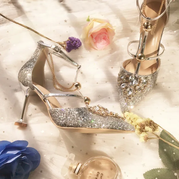 Scintillantes Charmant Argenté Cristal Chaussure De Mariée 2020 T-Strap Paillettes 8 cm Talons Aiguilles À Bout Pointu Mariage Escarpins