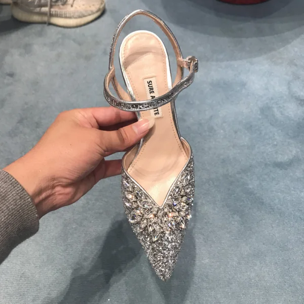 Scintillantes Argenté Soirée Cristal Chaussures Femmes 2020 Bride Cheville Faux Diamant Paillettes 8 cm Talons Aiguilles À Bout Pointu Talons Hauts