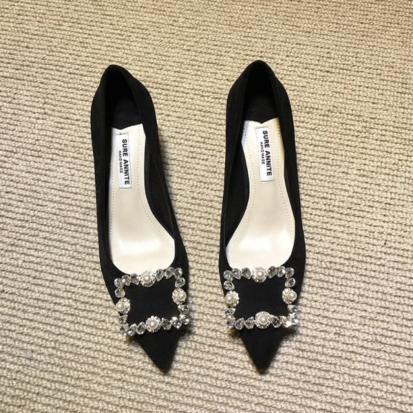 Chic / Beautiful Black Casual Suede Pumps 2020 Rhinestone 5 cm Stiletto Heels Pointed Toe Pumps