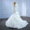 High-end Ivory Handmade  Beading Pearl Wedding Dresses 2021 Trumpet / Mermaid Cascading Ruffles Scoop Neck Long Sleeve Chapel Train Wedding