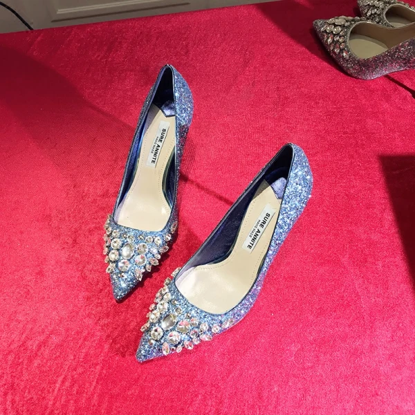 Błyszczące Błękitne Wieczorowe Rhinestone Czółenka 2020 Cekiny 9 cm Szpilki Szpiczaste Czółenka