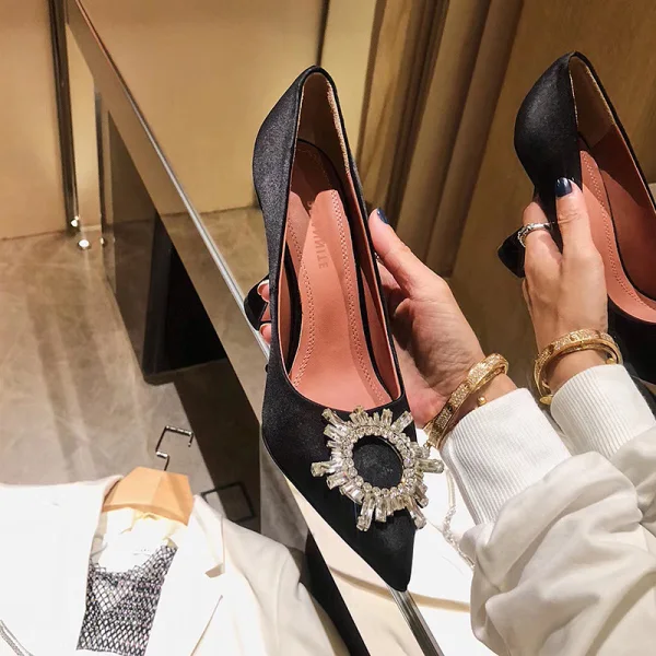 Stijlvolle Zwarte Feest Leer Pumps 2020 Kristal 9 cm Naaldhakken / Stiletto Spitse Neus Pumps