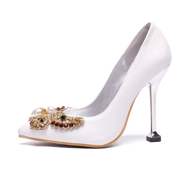 Schöne Ivory / Creme Cocktail Pumps 2020 Perle Strass Schmetterling 9 cm Stilettos Spitzschuh Pumps