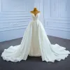 Illusion High-end Ivory Beading Pearl Wedding Dresses 2021 A-Line / Princess Scoop Neck Glitter Sleeveless Sequins Cathedral Train Wedding
