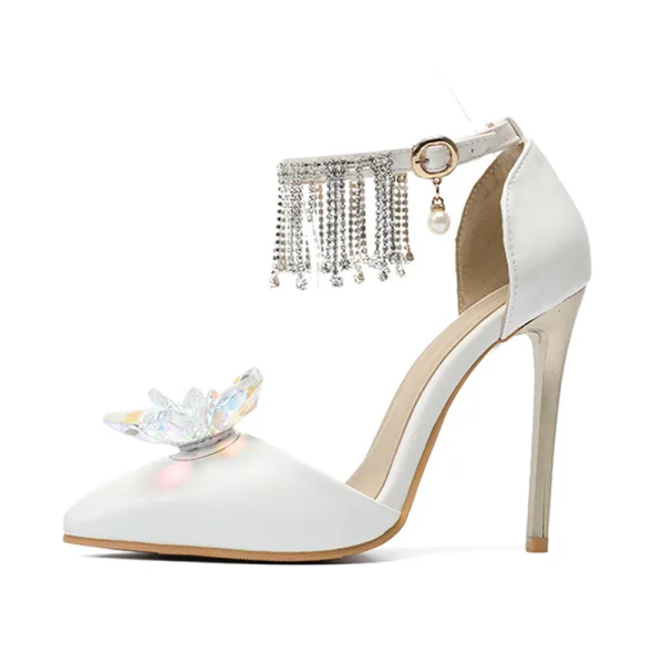 Charming Ivory Evening Party Crystal Womens Shoes 2020 Rhinestone Tassel Ankle Strap 11 cm Stiletto Heels Pointed Toe Heels