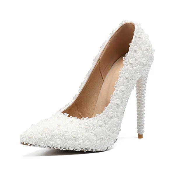 Élégant Ivoire En Dentelle Fleur Promo Escarpins 2020 Perle 11 cm Talons Aiguilles À Bout Pointu Escarpins