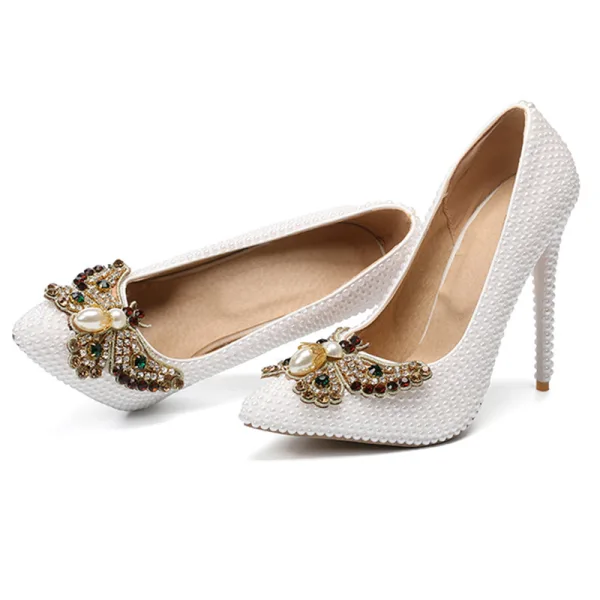 Fabulous Ivory Pearl Wedding Shoes 2020 Rhinestone Butterfly 11 cm Stiletto Heels Pointed Toe Wedding Pumps