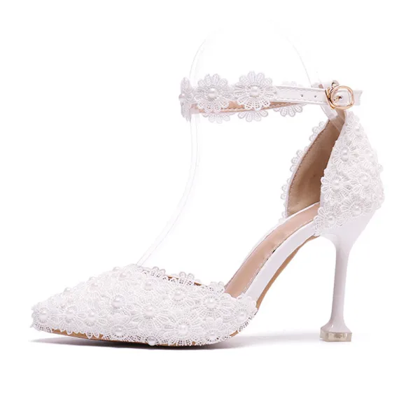 Élégant Ivoire Promo Chaussures Femmes 2020 Perle En Dentelle Fleur Bride Cheville 8 cm Talons Aiguilles À Bout Pointu Talons