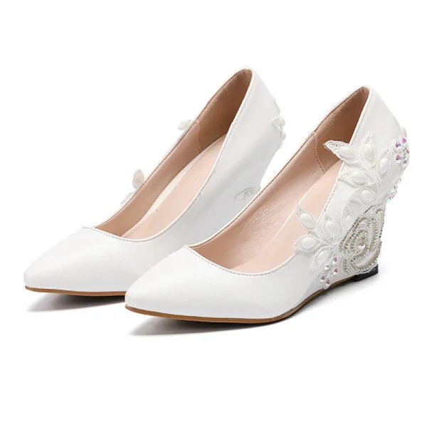 Élégant Ivoire Promo En Dentelle Chaussures Femmes 2020 Perle Faux Diamant À Bout Pointu 8 cm Compensées