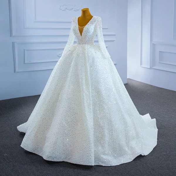 High-end Sparkly Ivory Pearl Wedding Dresses 2021 Ball Gown Handmade  Beading Rhinestone Sequins V-Neck Long Sleeve Court Train Wedding