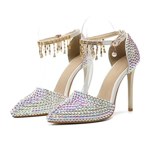 Charmant Multifarben Strass Brautschuhe 2020 Knöchelriemen 11 cm Stilettos Spitzschuh Hochzeit High Heels