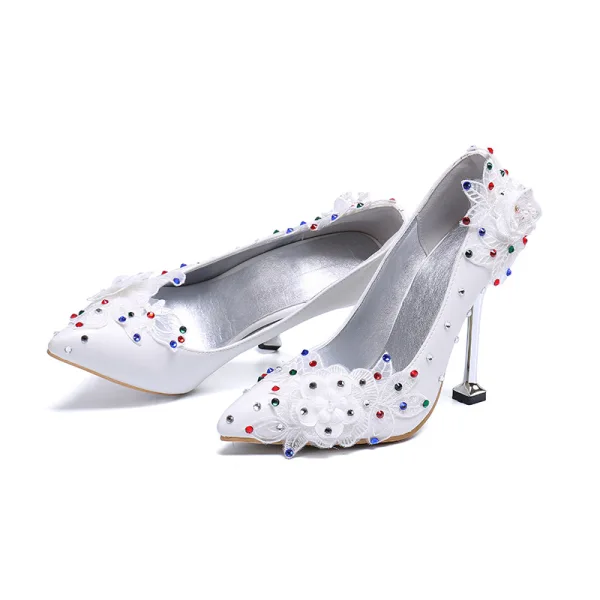 Elegante Ivoor Multi-Kleuren Rhinestone Bruidsschoenen 2020 Appliques Kant Bloem 9 cm Naaldhakken / Stiletto Spitse Neus Huwelijk Pumps