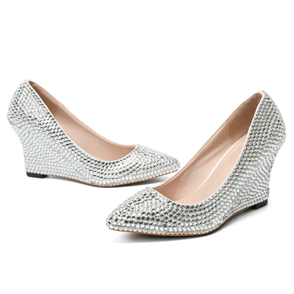 Scintillantes Argenté Club de carnaval Faux Diamant Chaussures Femmes 2020 8 cm Compensées À Bout Pointu