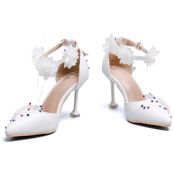 Chic / Belle Ivoire Promo Chaussures Femmes 2020 En Dentelle Fleur Appliques Faux Diamant Bride Cheville 6 cm Talons Aiguilles À Bout Pointu Talons