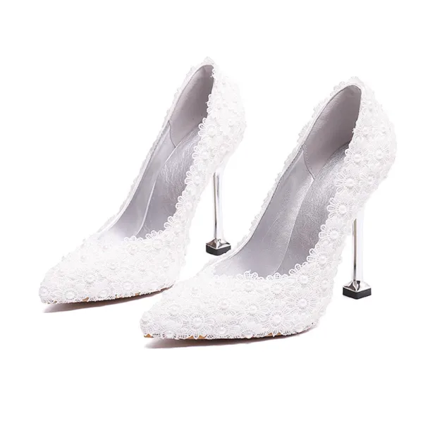 Chic Ivoire En Dentelle Fleur Chaussure De Mariée 2020 Perle 9 cm Talons Aiguilles À Bout Pointu Mariage Escarpins