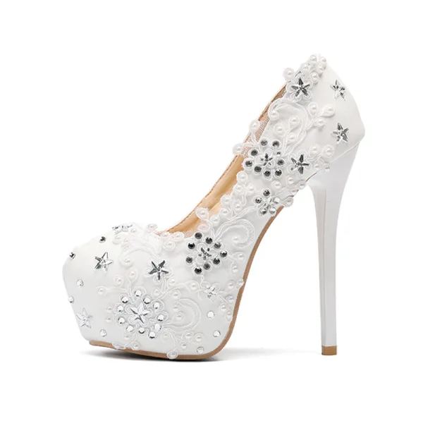 Fashion Ivory Wedding Shoes 2020 Rhinestone Lace Flower 14 cm Stiletto Heels Round Toe Wedding Pumps