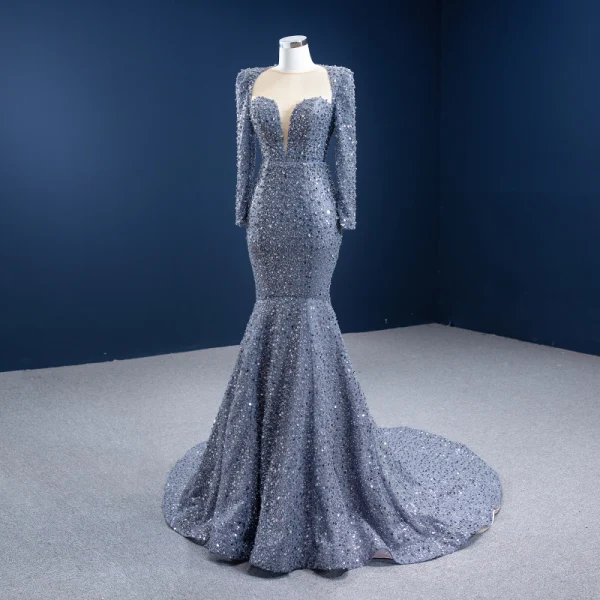 High-end Grey Beading Pearl Rhinestone Evening Dresses  2021 Trumpet / Mermaid Scoop Neck Sequins Long Sleeve Court Train Evening Party Formal Dresses