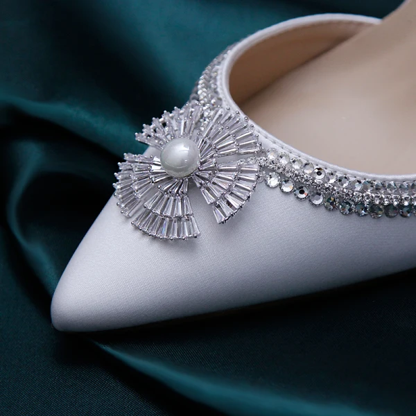 Uroczy Kość Słoniowa Satyna Buty Ślubne 2020 Kokarda Perła Kryształ Rhinestone 9 cm Szpilki Szpiczaste Ślub Czółenka