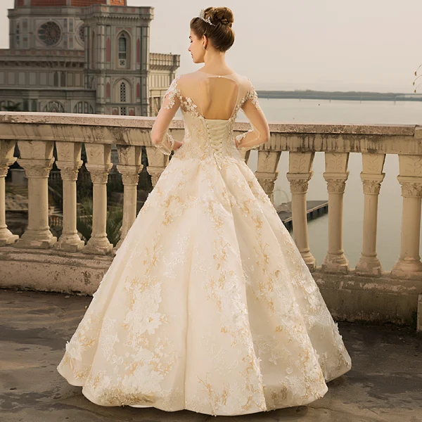 Luxury / Gorgeous Ivory Wedding Dresses 2018 Ball Gown Beading Appliques Lace Pearl Sequins Scoop Neck Backless 3/4 Sleeve Floor-Length / Long Wedding