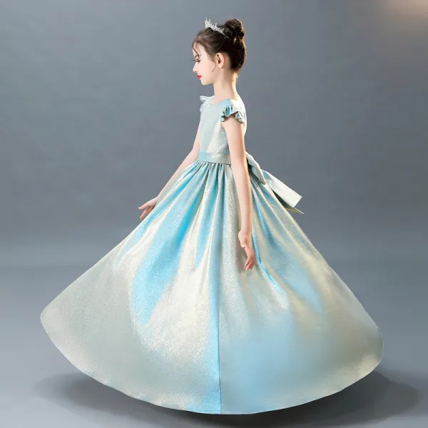 Moderne / Mode Bleu Ciel Ceinture Anniversaire Robe Ceremonie Fille 2021 Princesse Encolure Dégagée Dos Nu Noeud Sans Manches