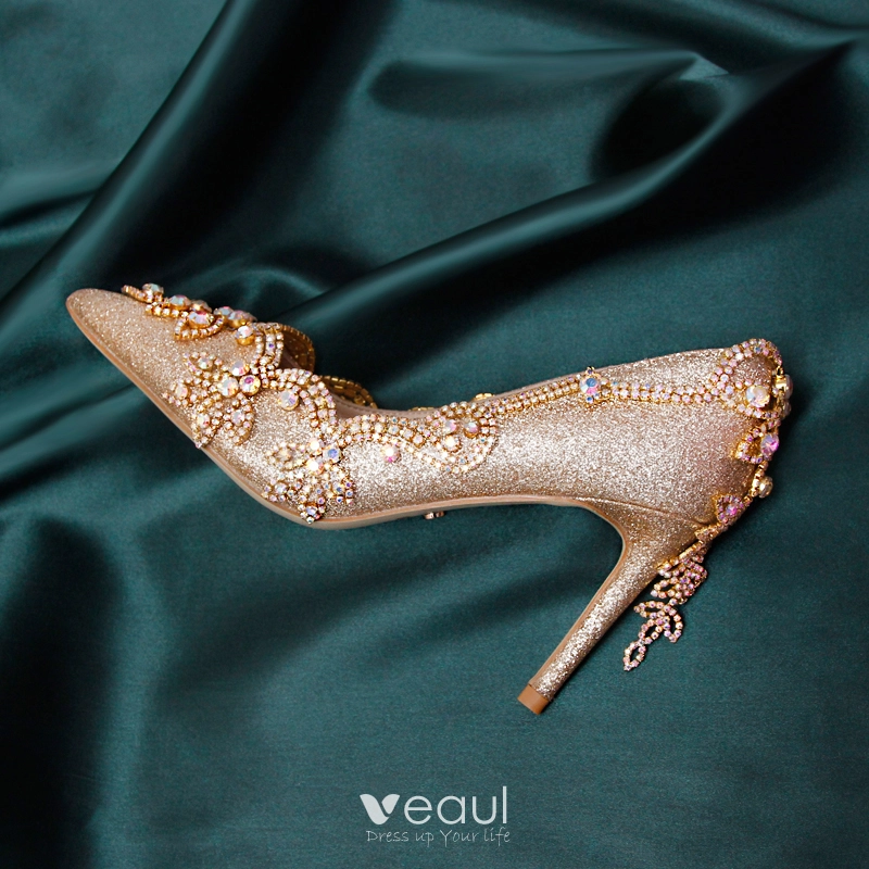 Sparkly Champagne Rhinestone Wedding Shoes 2020 Leather Glitter Sequins 9 cm Stiletto Heels Pointed Toe Wedding Pumps