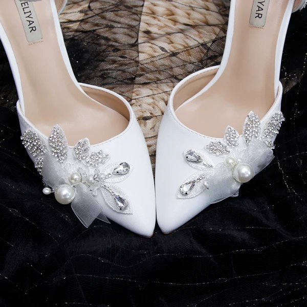 Elegant Ivory Rhinestone Wedding Shoes 2020 Pearl Ankle Strap 9 cm Stiletto Heels Pointed Toe Wedding Heels