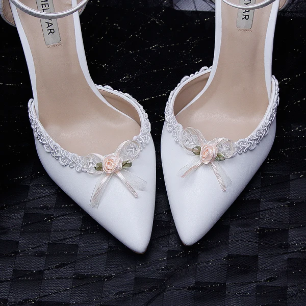 Elegant Ivory Cocktail Party Womens Shoes 2020 Ankle Strap Bow 9 cm Stiletto Heels Pointed Toe Heels