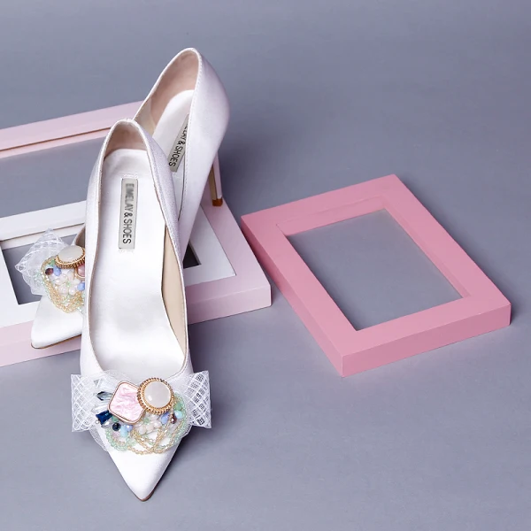 Chic / Belle Ivoire Rendez-vous Cristal Escarpins 2020 Cuir Noeud 9 cm Talons Aiguilles À Bout Pointu Escarpins