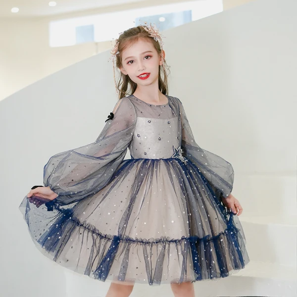 Fashion Ocean Blue Short Birthday Flower Girl Dresses 2021 Ball Gown Scoop Neck Star Rhinestone Sequins Long Sleeve