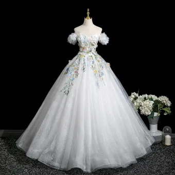Conte De Fée Multi Couleurs En Dentelle Fleur Appliques Perle Blanche Robe De Bal 2025 Robe Boule De L Épaule Manches Courtes Dos Nu Longue Promo Robe De Ceremonie