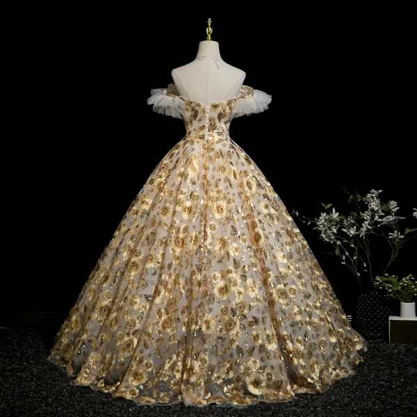 Flower Fairy Yellow Beading Sequins Lace Flower Floral Prom Dresses 2025 Ball Gown Spaghetti Straps Short Sleeve Backless Floor-Length / Long Formal Dresses