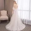 Chic / Beautiful Champagne Beach Wedding Dresses 2018 A-Line / Princess Lace Scoop Neck Backless Sleeveless Sweep Train Wedding