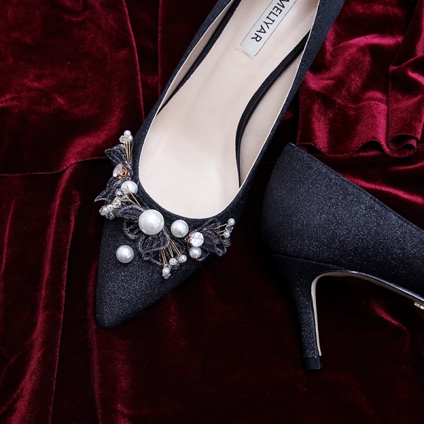 Elegant Black Cocktail Party Leather Glitter Pumps 2020 Pearl Lace Flower 7 cm Stiletto Heels Pointed Toe Pumps