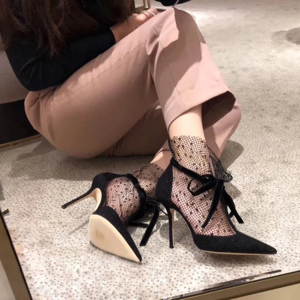 Sexy Black Street Wear Lace Womens Sandals 2020 Bow Ankle Strap 9 cm Stiletto Heels Pointed Toe Pumps