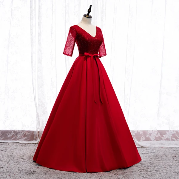 Élégant Rouge Robe De Bal 2020 Princesse V-Cou Noeud Perlage Paillettes 1/2 Manches Dos Nu Longue Robe De Ceremonie
