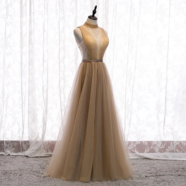 Charming Champagne Evening Dresses 2020 A-Line / Princess High Neck Beading Crystal Sleeveless Backless Floor-Length / Long Formal Dresses