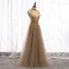 Charming Champagne Evening Dresses  2020 A-Line / Princess High Neck Beading Crystal Sleeveless Backless Floor-Length / Long Formal Dresses
