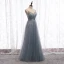 Charmant Gris Robe De Soirée 2020 Princesse Bretelles Spaghetti Perlage Cristal Paillettes Sans Manches Dos Nu Longue Robe De Ceremonie