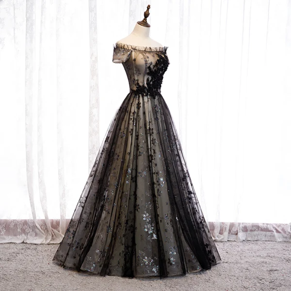 Élégant Noire Robe De Soirée 2020 Princesse De l'épaule Perlage Cristal Paillettes En Dentelle Fleur Manches Courtes Dos Nu Longue Robe De Ceremonie