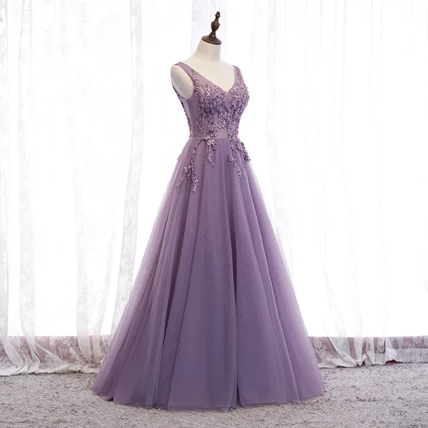 Classy Purple Evening Dresses  2020 A-Line / Princess V-Neck Beading Lace Flower Sleeveless Backless Floor-Length / Long Formal Dresses